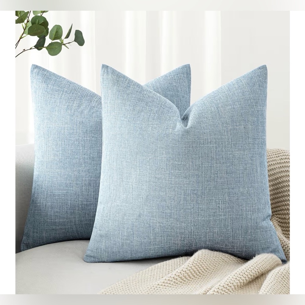 NEW Set of 2 Linen Burlap Look Coastal Pillow Covers 18x18” Light Blue
